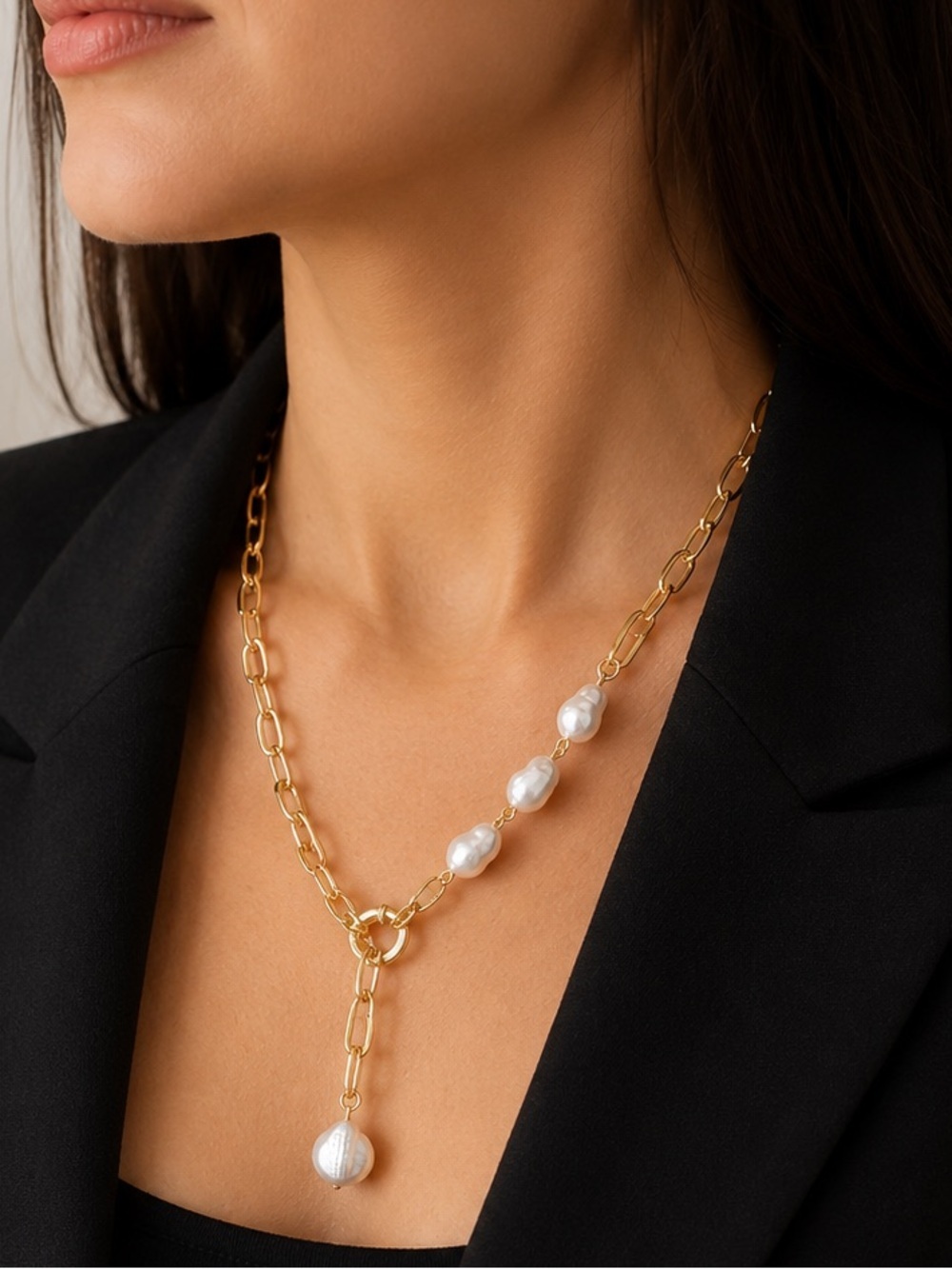Gold Tone Chain & Pearl Lariat Necklace